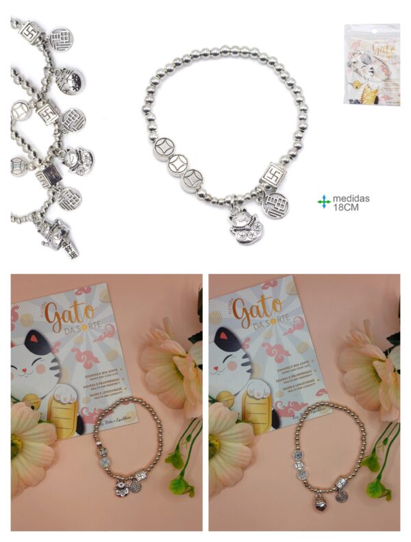 Pulseira Gato da Sorte Ajustável Prateada